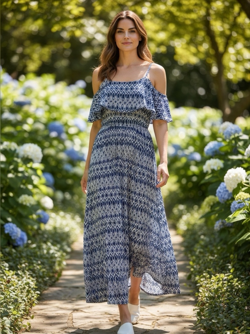 Talcara maxi summer dress, blue and white, size Small, Has Thin Straps.